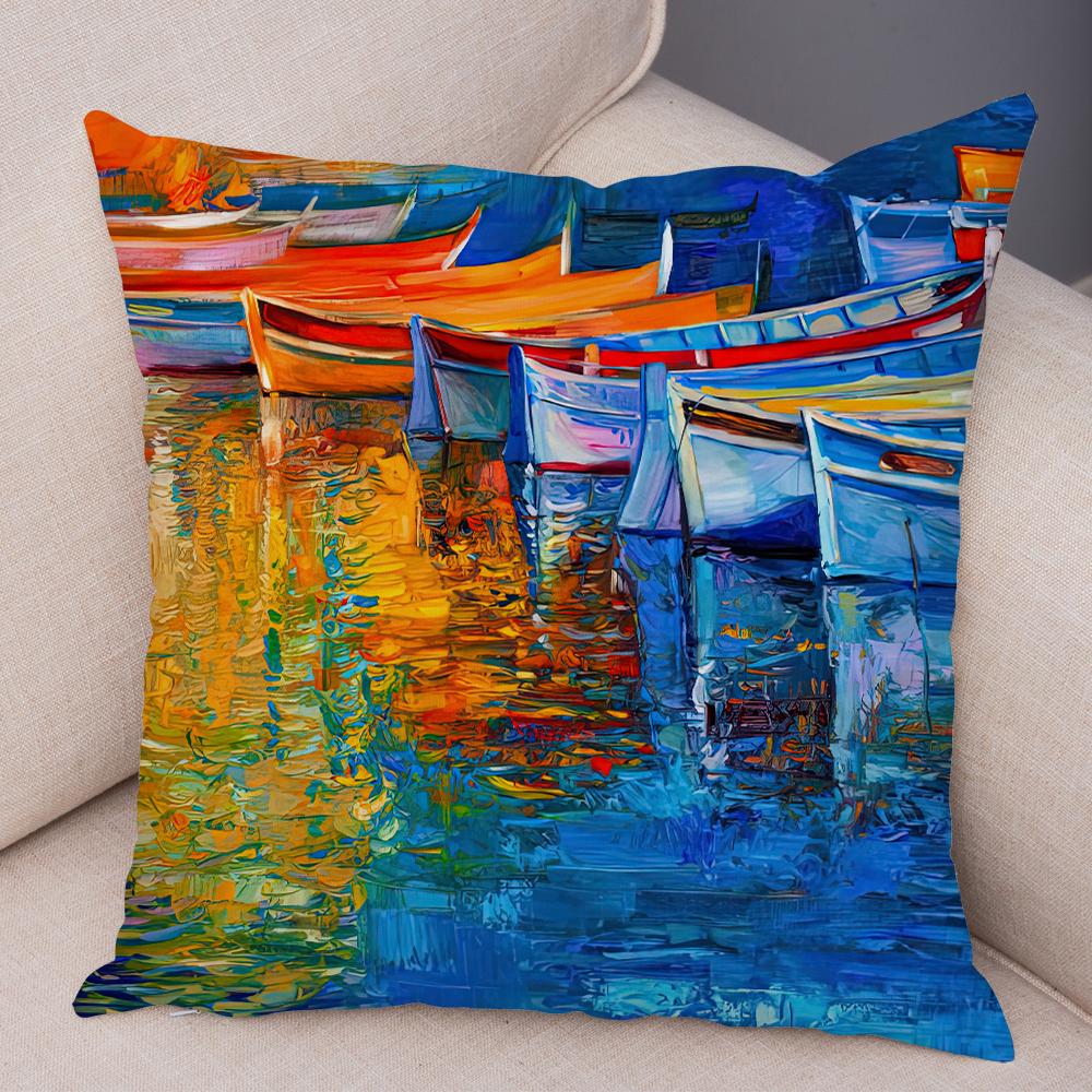 Federa Cuscino Stile Pittura ad Olio Paesaggio Colorato Barca Cavallo Stampa Floreale Lino Morbido Soggiorno Camera da Letto Casa Federa