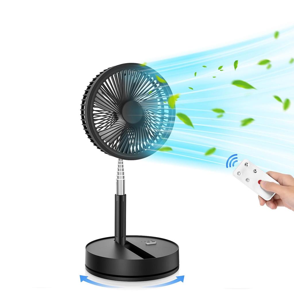 Portable Foldable Wireless Charging Fan with Silent Operation, Telescopic Design, Large Airflow, and Remote Control.