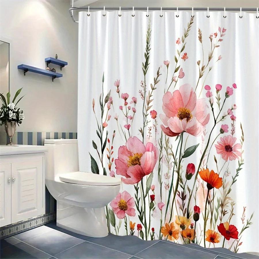 Soft Pink & Peach Roses Shower Curtain - Vibrant Poppies, Watercolor Floral Bouquet Design, 12 Hooks, Modern Bath Decor