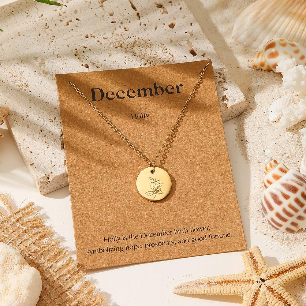 December Floral Pendant Necklace Exquisite Engraved Golden Circular Coins In Minimalist Layered Chain Jewelry Gift for Women