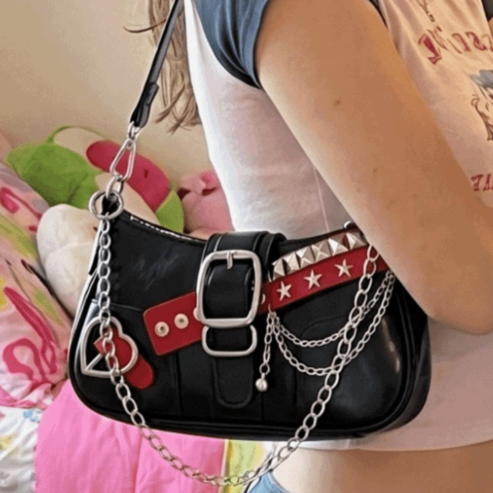 Punk Shoulder Bag Black Red Decor French Stick Handbag Fashion Star Rivet Underarm Bag  Daily