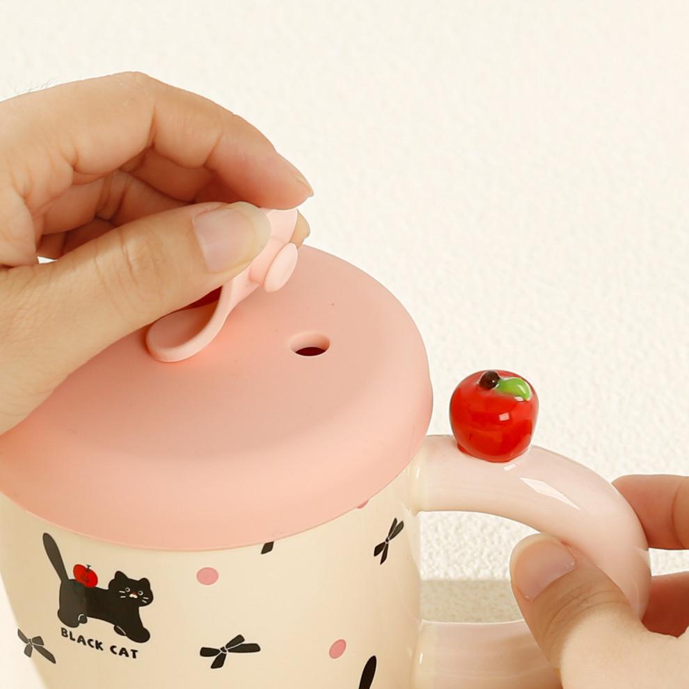 High Value Souvenir Apple Mug with Lid Gift Box Household Water Cup Cute Straw Cup Ceramic Coffee Cup