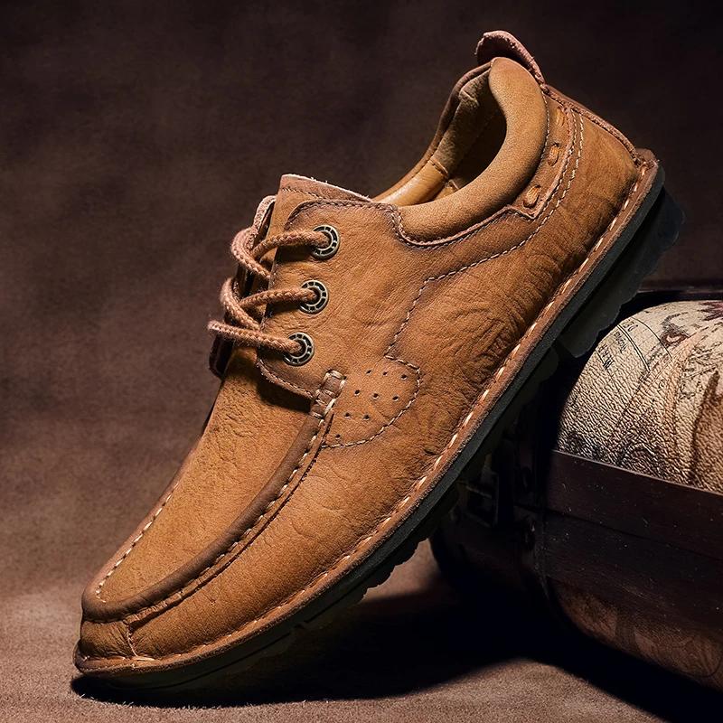 Fashion New High Quality Men Hiking Shoes Genuine Leather Casual Shoes Hand-stitching Male Treking Shoes Versatile Sneakers Oxford Shoes