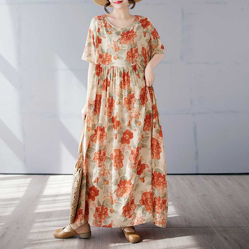 Simple and Fashionable Long Skirt Summer Short Sleeved Round Neck Printed Dress