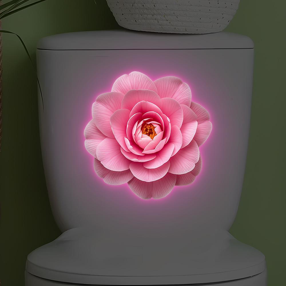 Adesivo de Camélia Rosa Luminoso para Vaso Sanitário, Adesivo Decorativo Impermeável para Banheiro, Adesivo Fluorescente