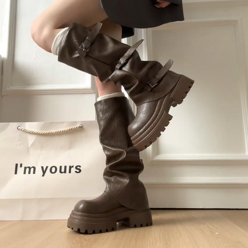 Yueyu Belt Buckle Pleated Thick-soled Medium Boots Women's 2025 Autumn and Winter New Trousers Western Boots Ins Tide Boots