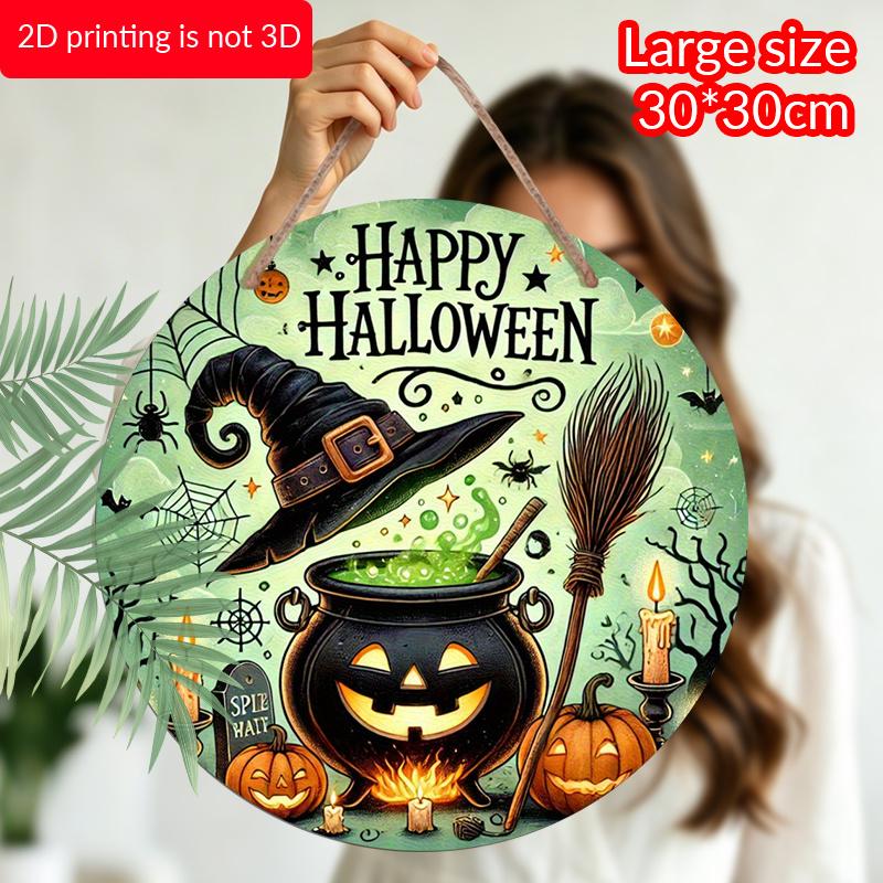 2D Flat, 1pc Happy Halloween Witch Metal Sign, Round Aluminum Decor with Spooky Cauldron, Bats and Jack-O'-Lantern- Vintage Art for Yard, Office