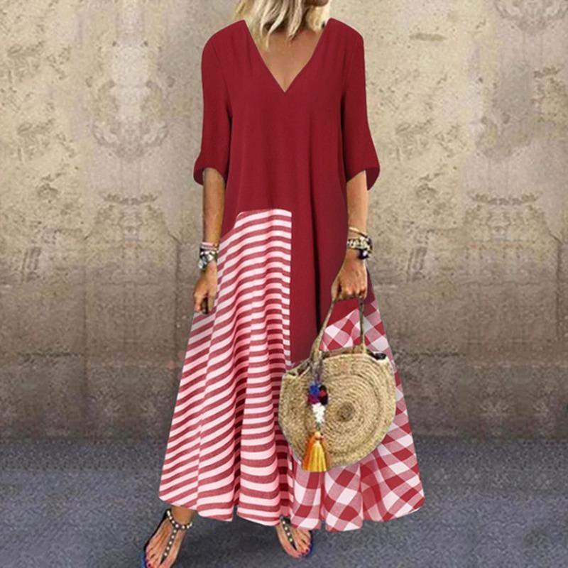 BITCED Fashion Summer Spring Short Sleeve V-Neck Solid Color Print Casual Dresses S