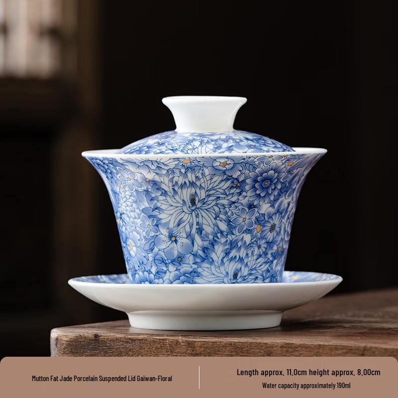 Hanyou Mutton Fat Jade White Porcelain Floral Kung Fu Lidded Teacup
