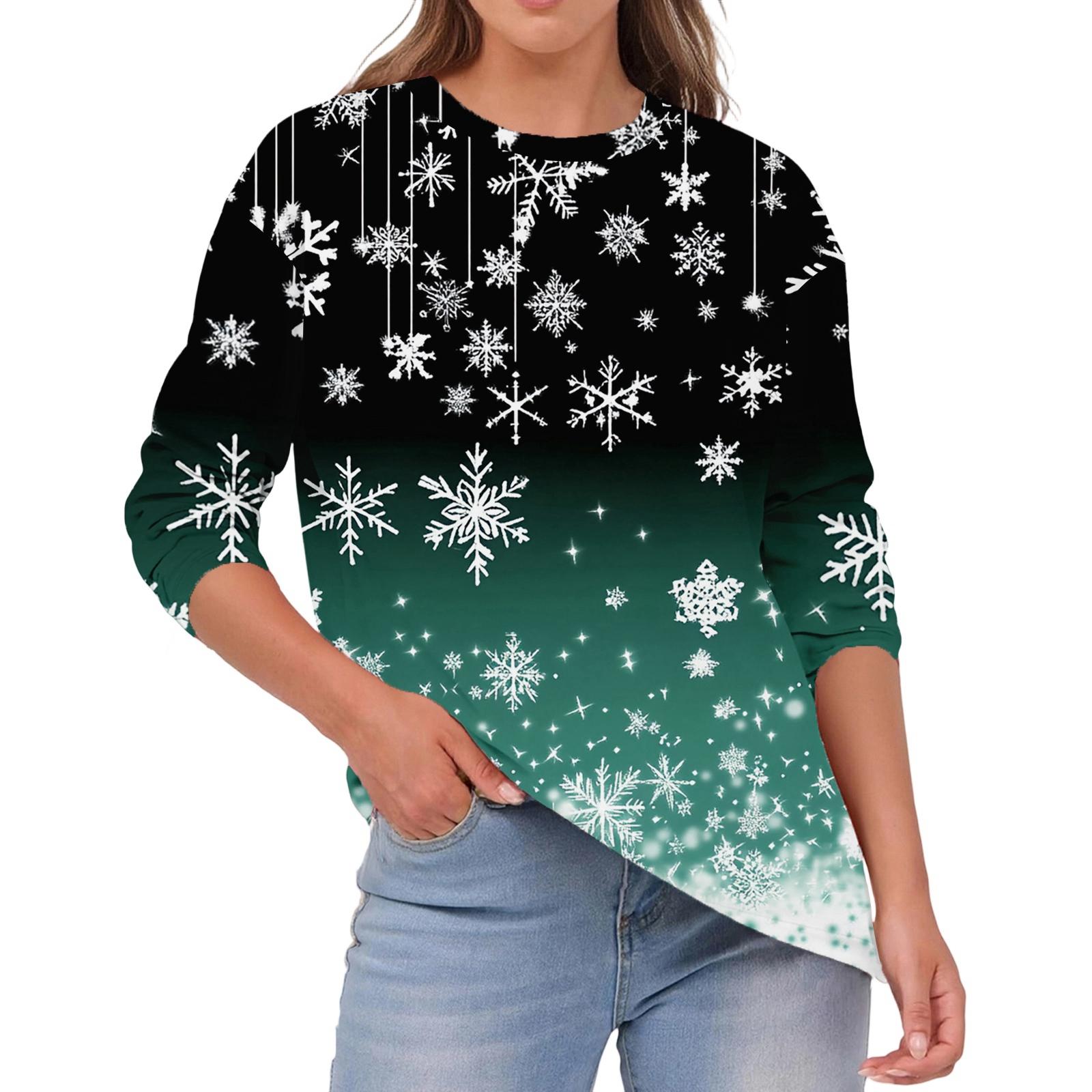 

Женская мода Повседневный Рождественский принт Круглый вырез Однотонный Топ с длинным рукавом S