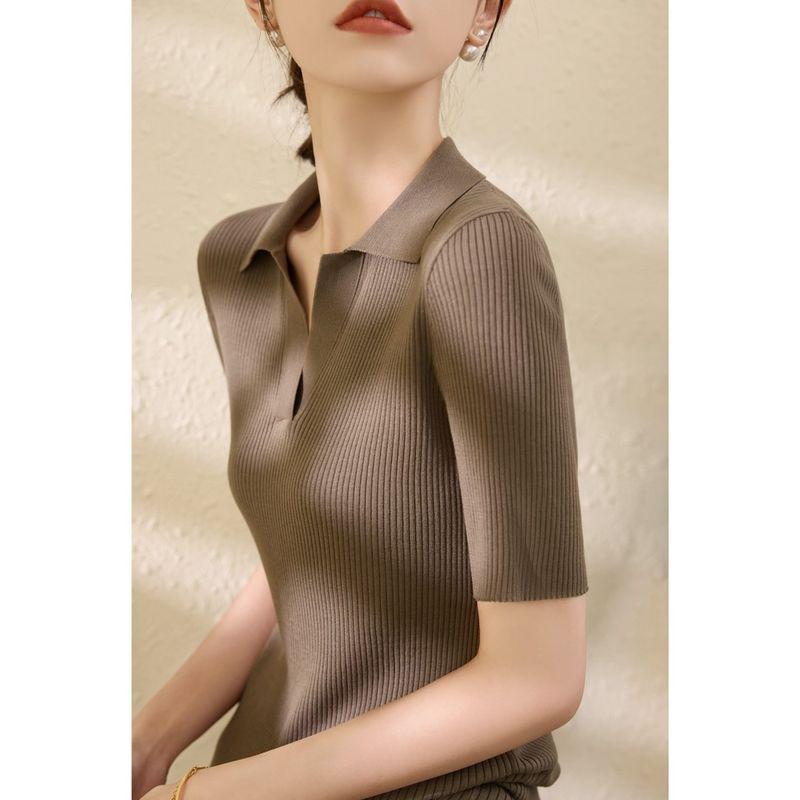 

Поло с V-образным вырезом Черная футболка Плечо Ледяной шелк Свитер Light Brown [high quality fabric]] XL