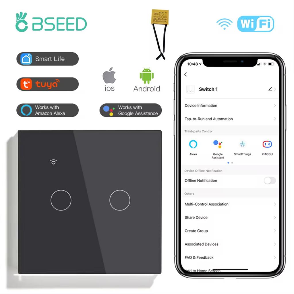 BSEED Wifi Touch Light Switches 1/2/3/4Gang Smart Wall Switch Tuya Smart Life Alexa Voice Control With Capacitor