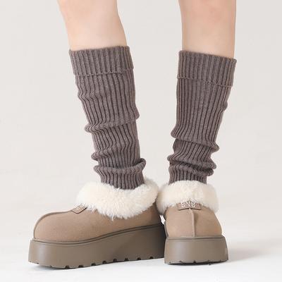 Solid Color Wool Long Tube Knitted Socks For Autumn And Winter Warmth, Y2k Pile Socks, Thickened Vertical Patterned Calf Socks