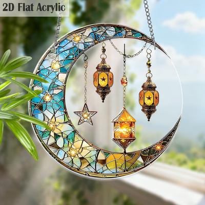 Acrylic Crescent Moon with Lanterns Suncatcher Stained Glass Effect Window Hanging Ornament Boho Lover Gifts
