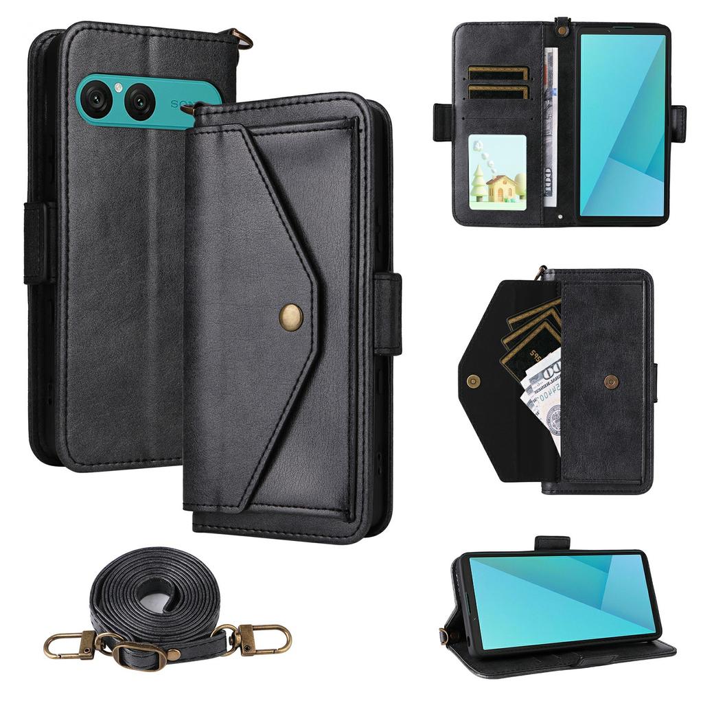 For Sony Xperia 10 VII Leather Case Magnetic Closure Wallet Stand Phone Cover with Crossbody Strap