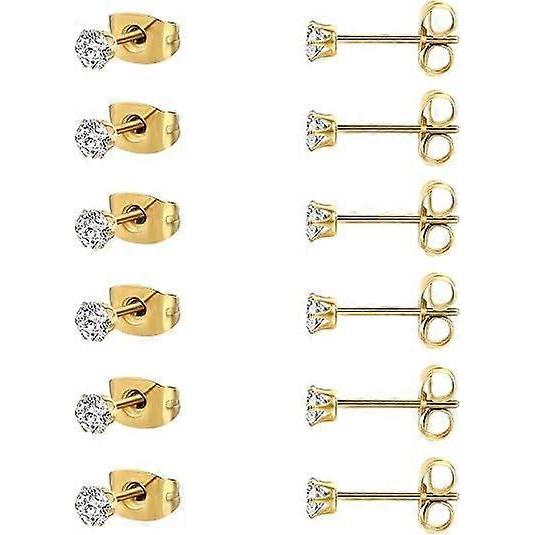 6 Pairs 3mm Cubic Zirconia Stud Earrings 316L Stainless Steel Earrings Set for Women Men, Gold
