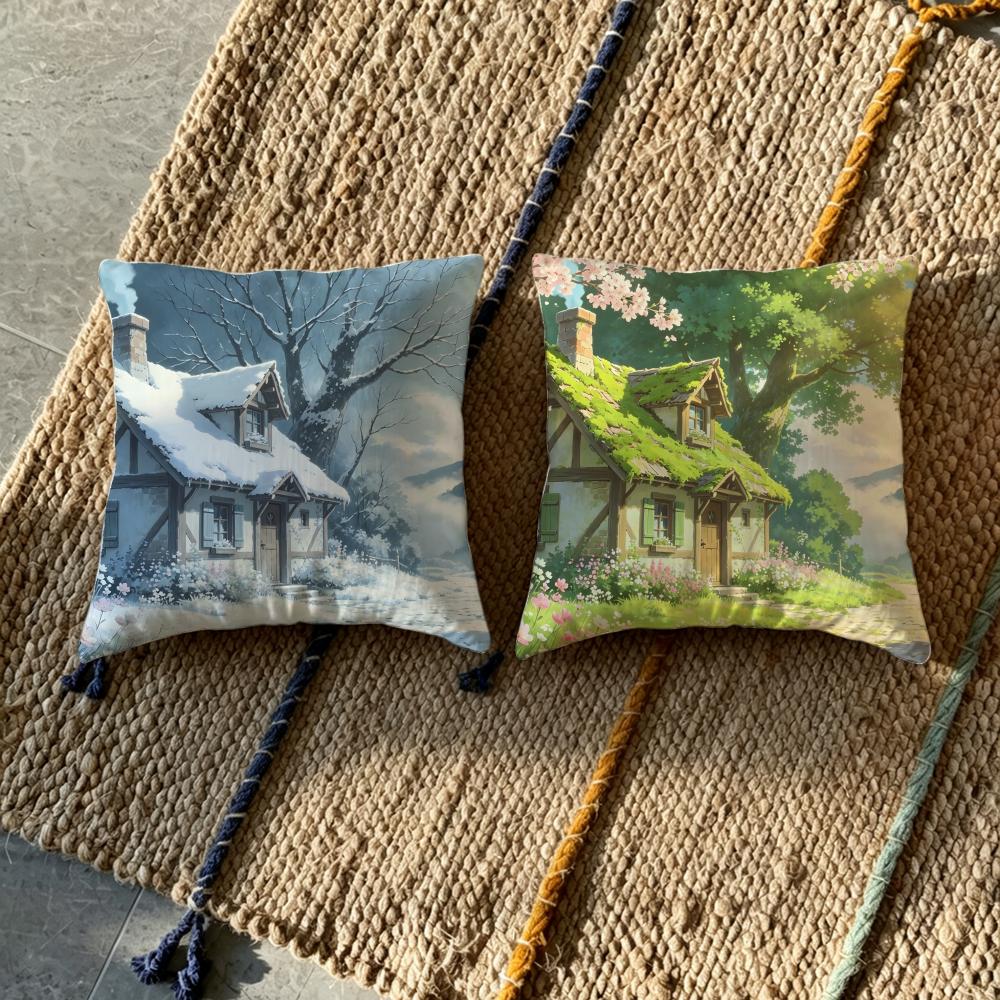 M-Cabin In The Woods Cushion Cover Natural Linen Pillowcase Set, All-In-One Decor For Sofa, Bedroom & Chair