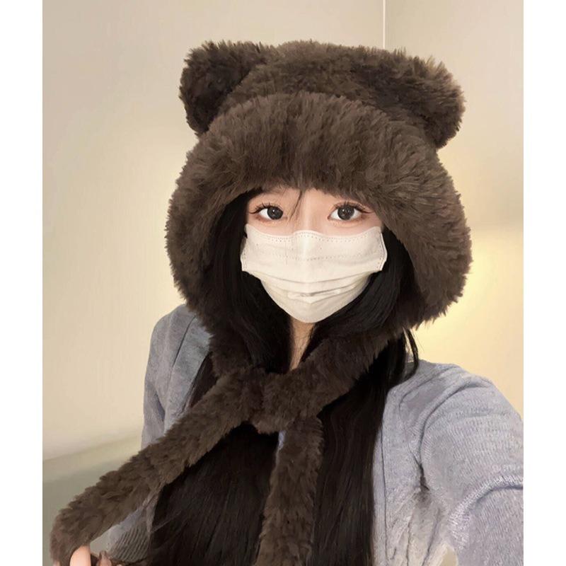 Hat Female New Autumn and Winter Cute Plush Bear Hat Warm Ear Protection Big Head Circumference Winter