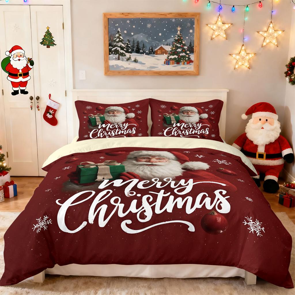 3pcs Merry Christmas Santa Claus Printed Chipless Duvet Cover Set Multi Size Bedroom Bedding Decoration Machine Washable