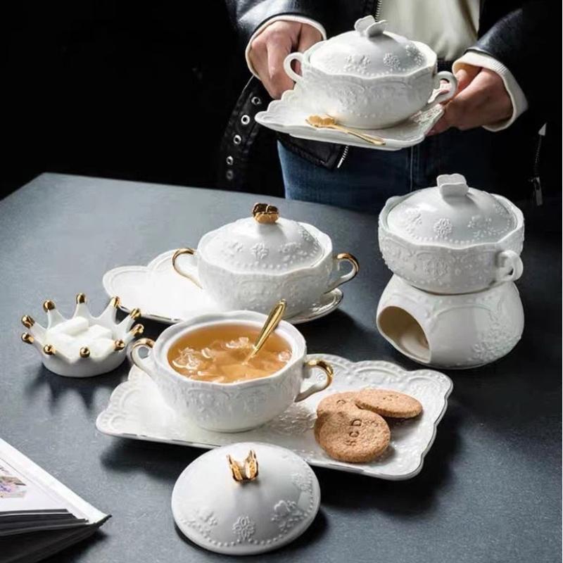 European Embossed Butterfly Ceramic Bowl with Lid & Double Handles, Breakfast, Dessert & Oatmeal Bowl