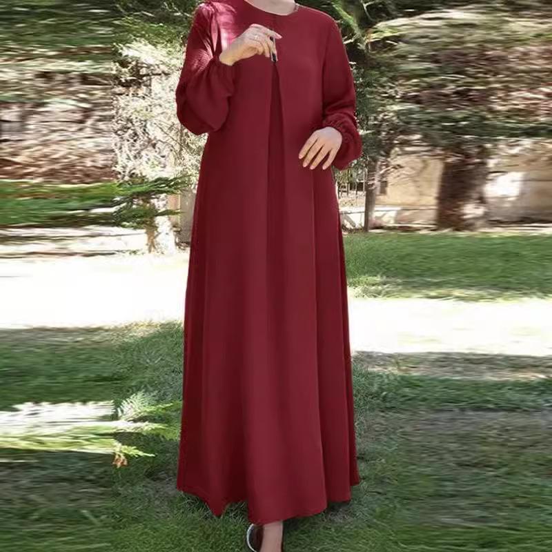 Middle Eastern Muslim Solid Color Long Sleeve Loose Round Neck Dress