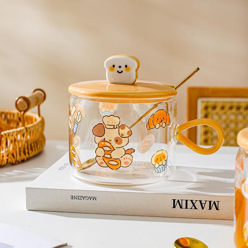 Creative High Borosilicate Glass Cup Heat Resistant Mug Couple Cup Cute Coffee Cup Large Capacity Breakfast Cup with Lid Spoon