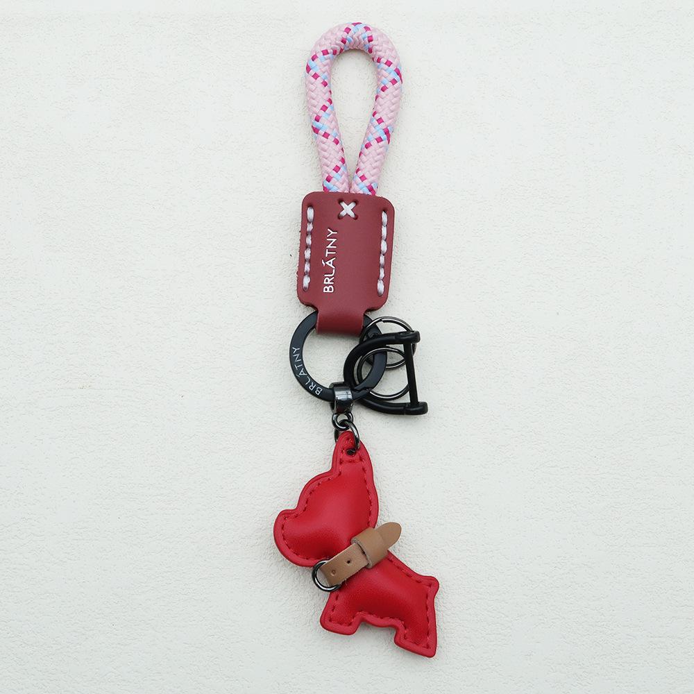 Handmade French Bulldog Genuine Leather Keychain with Anti-Lost Woven Rope Lanyard.