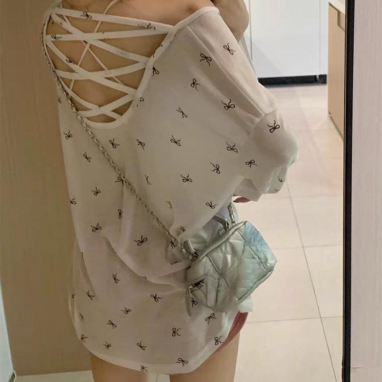 2025 Summer Bow Print Long Sleeve T-shirts for Women's Casual Loose and Thin Slightly Transparent Sun Protection Cover Top White Black T Shirt