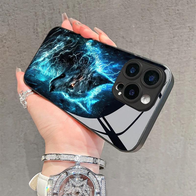 Gradient Blue Flame Wolf Pattern Tempered Glass Phone Case For iPhone 17 16 15 14 13 12 11 Pro Max 17Air 16E 7 Plus XR XS Cover