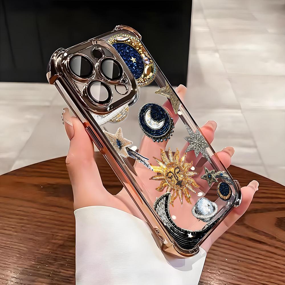 Retro Sun Star Pattern Electroplate AntiDrop Phone Case For iPhone 16 Pro Max 15 14 Plus 13 12 11 17 Air 16E Transparent Cover