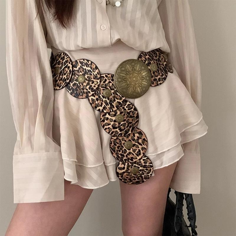 Stylish Leopard Wide Belt for Adult Western Waistband Ethnic PU Leather Embossing Buckle Waiststrap for Formal Dresses