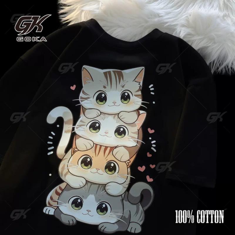 100% Pure Cotton Cute Cartoon Cat Print Women's Round Neck Short Sleeved T-shirt Casual Loose Versatile Summer Tshirt