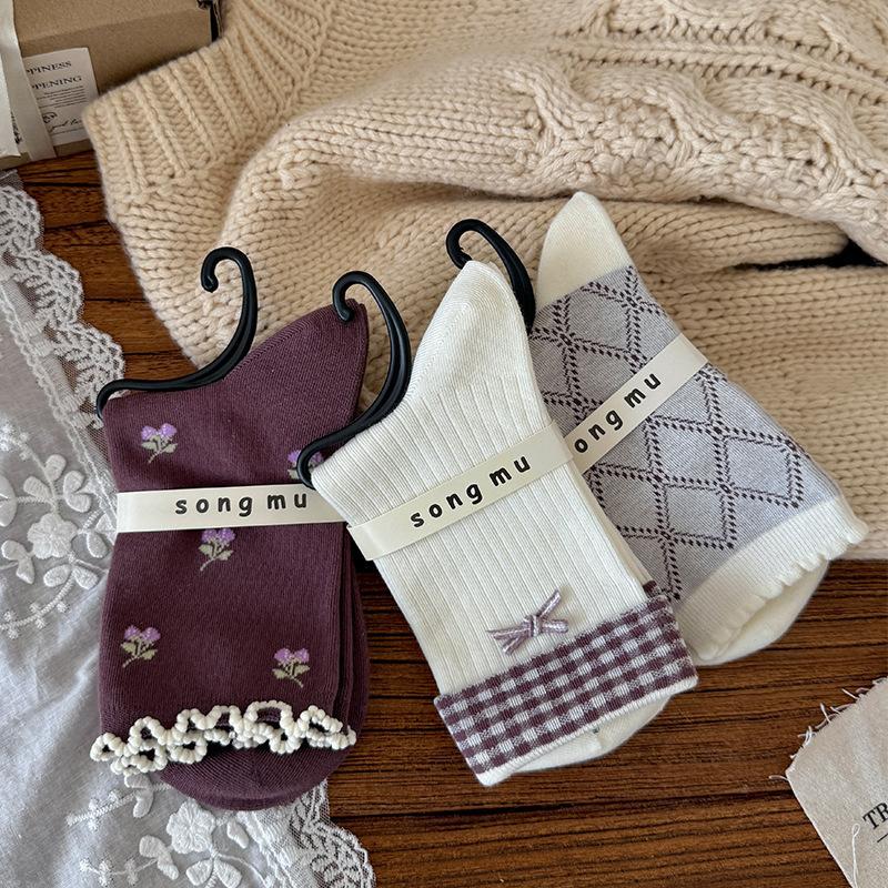 Songmu Plum Fruit Purple Series "Boneless Socks, Middle Socks, Korean Girls, Bow Piles Of Socks