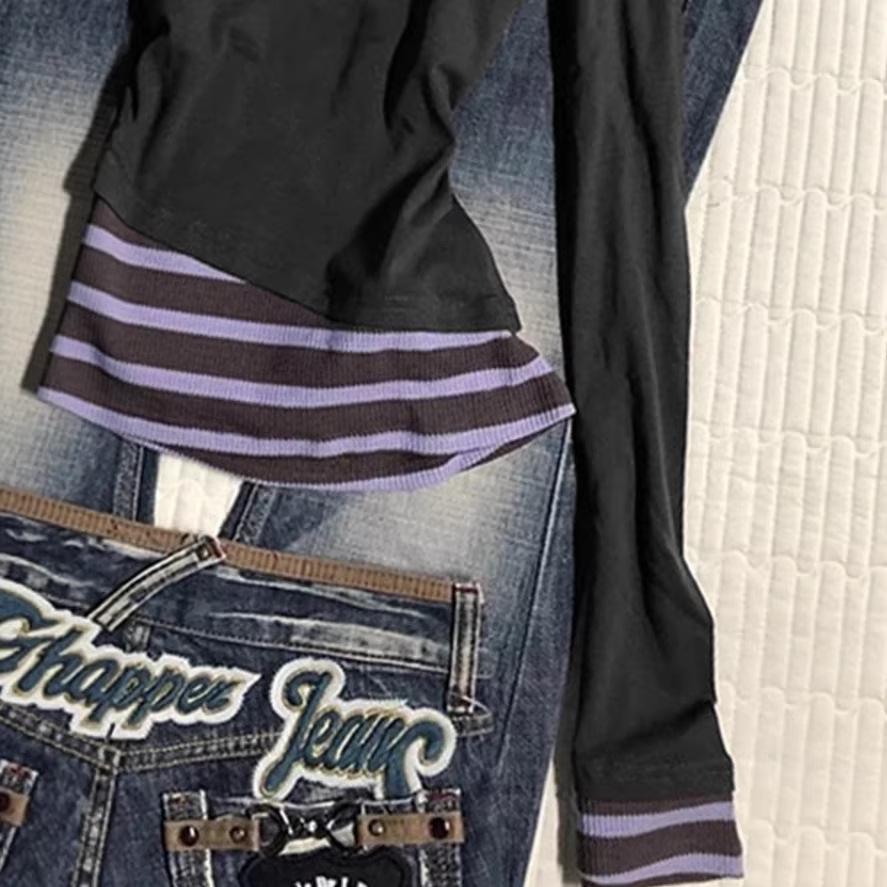 American Street Style Women's Slimming Faux Two-Piece Long-Sleeve Hoodie with Patchwork Stripes