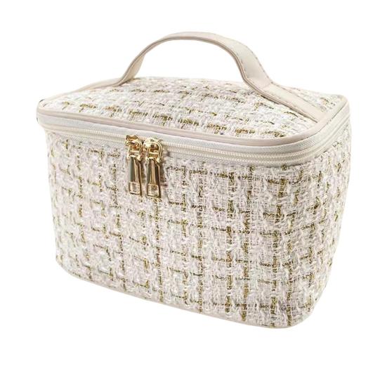 

Набор косметичек с клетчатой текстурой, застежкой-молнией, большими карманами, вместимостью, внутренней сеткой с ретро-ручкой, переносным туалетом белый