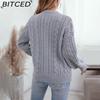 BITCED Autumn/Winter Women's Knitted Sweater Loose-fit Pullover Retro Cable-knit V-neck Long-sleeved Solid-colour Jumper