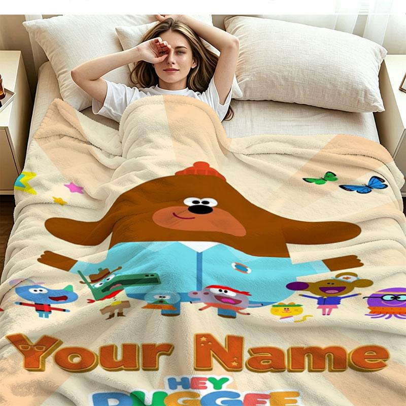 1PC Hey Duggee Custom Name Patterned Flannel Blanket Suitable For All Seasons for Home Decor Warmth and Comfort Gifts Holiday Present