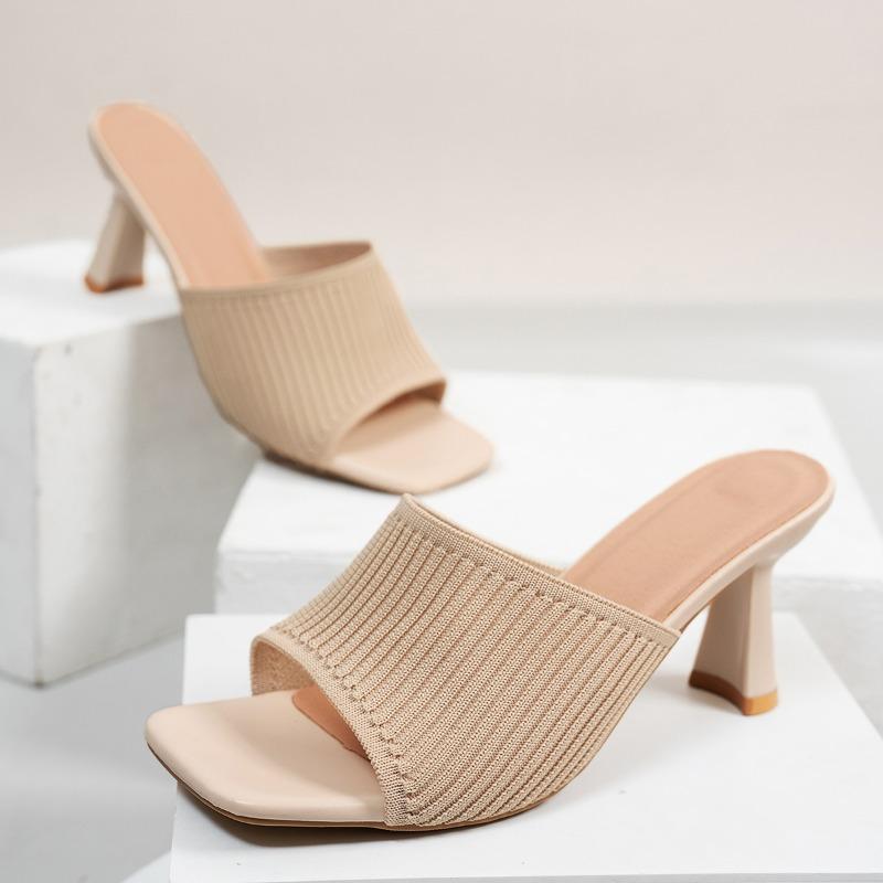 Fashion Temperament High Heels Women Fashion Square Head Shallow Mouth Net Cloth Cover Feet Anti-slip Wear-resistant Slippers