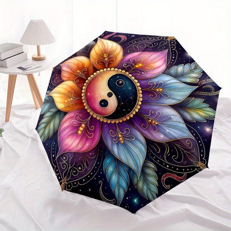 Yin Yang Lotus Mandala Wall Art Decor Umbrella, Cute Umbrella with Cute Design, Portable 3-Fold Compact Umbrella for Men & Women, Valentine's Day Moth
