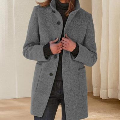 Women Winter Overcoat Single-breasted Retro Stand Collar Long Sleeves Buttons Cardigan