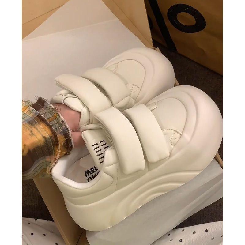 White Sneakers Spring and Autumn Heightened Thick-soled Velcro Ugly Cute Board Shoes Muffin Round Head Bread Shoes