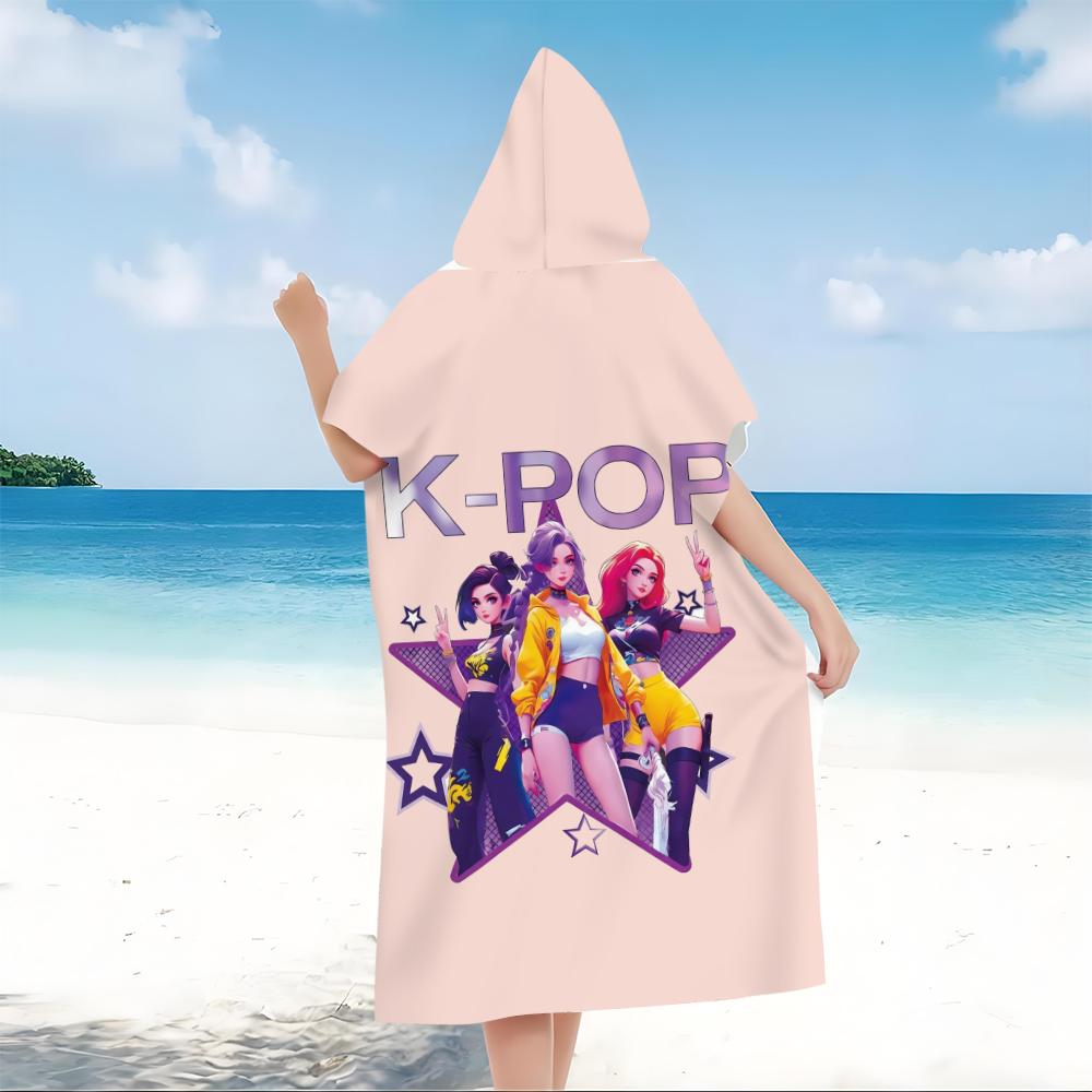 1 Stück K-POP Gruppe Kinder Kapuzen-Strandtuch Cartoon Sternen-Print Schnelltrocknendes Mikrofaser-Badetuch für Schwimmbad Bad