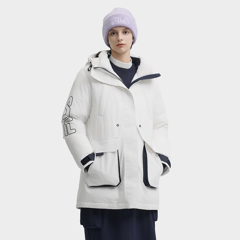 Fila Original Warm Mid-Length Hooded Long Sleeve Down Jacket Women Outerwear Cloud-Mushroom-White F11W449909FWT