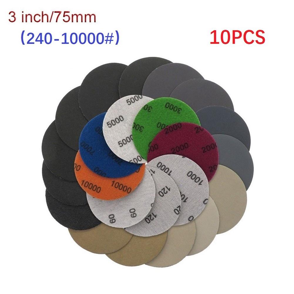 10PCS 3 Inch Silicon Carbide Sanding Discs Wet/Dry Sanding Sandpaper 240-10000 Grit Sanding Paper Set Abrasive Disc Tools