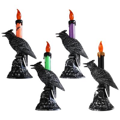 Black Crow Statue Glowing Candlestick LED Candles Battery Operated Candles Halloween Home Decorations Table Lamp