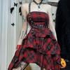 Gothic Plaid Red Summer Dress Women Lolita Streetwear Sleeveless Punk Off-Shoulder Dress Party Assymmetric Dresses
