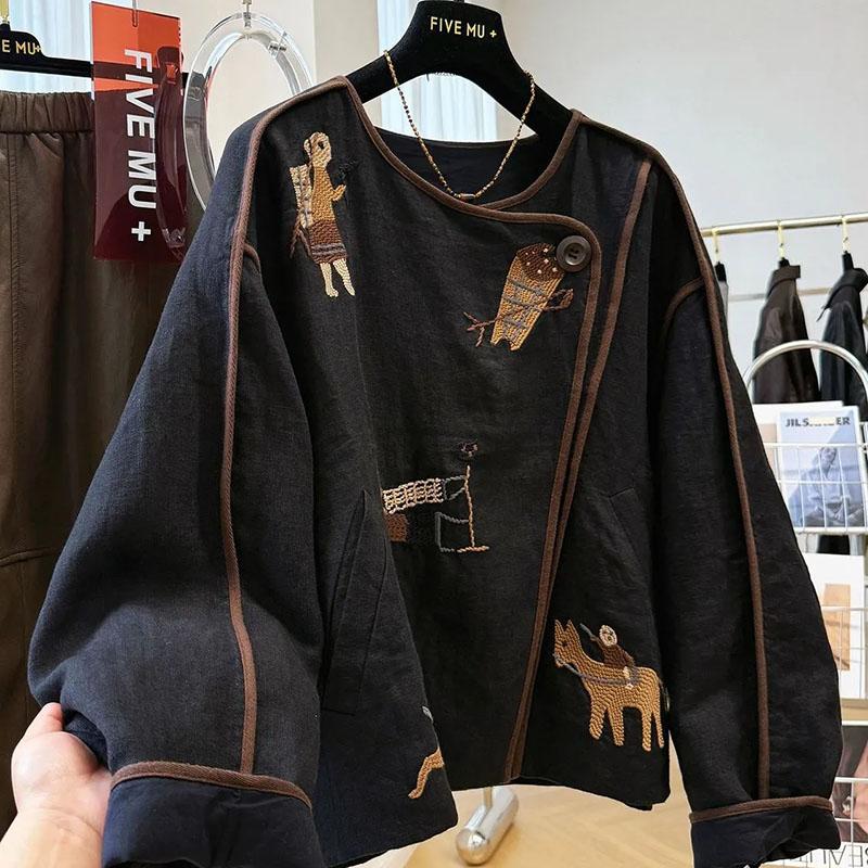 

Пальто для женщин Хлопок Осень Зима Утепленное Повседневное Оверсайз Тяжелое Вес Вышитая Куртка с Круглым Вырезом L чёрный