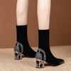 Fashion Pointed Toe Sock High Boots  New Luxury Rhinestone Square Heel Short Boots Winter Shoes Black Female Footwear