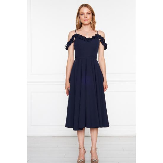 Women's Adjustable Strap Ruffle Detailed Collar Pleated Flared Midi Evening Dress