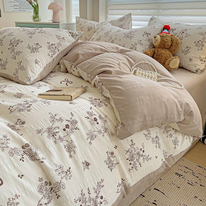 Floral Print French Style Bedding Set Bubble Cotton Duvet Cover Set Washed Cotton Flat Sheet Set Queen For Girl Decor Home